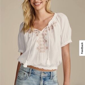 Lucky Brand White Peasant Blouse Pink Floral Embroidery